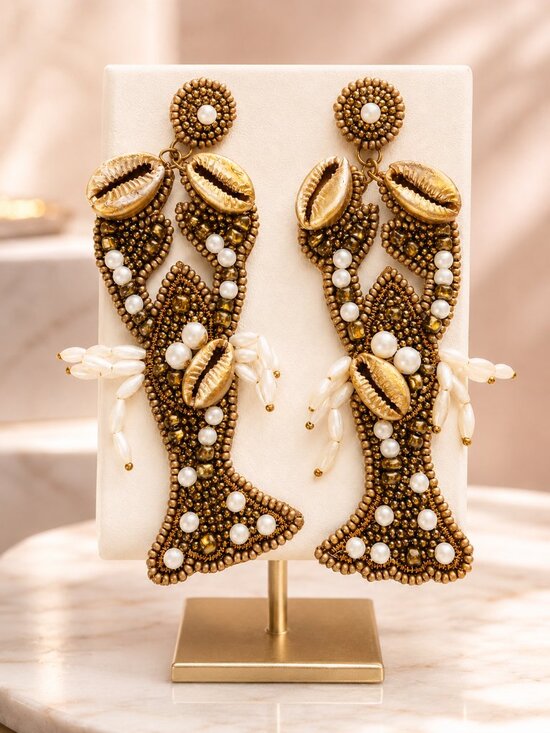 Zara Jewelry - Gold Pearl Seashell Beaded Lobster Beach Resort 5-Inch Long Statement Earrings